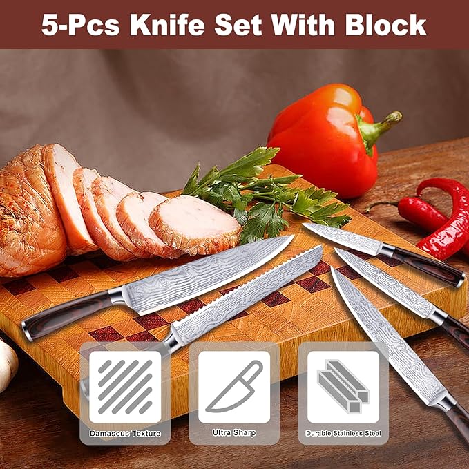 5 Piece Kitchen Knife Set with Block - High Carbon Stainless Steel Sharp Blade Chef Knives Sets with Ergonomic Wood Handle, Kitchen Knife Block Set for Home Cooking -5