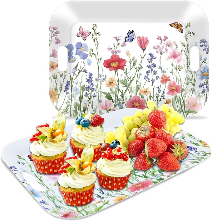 gisgfim 2PCS Spring Wild Flower Serving Trays 16.1 X 11.1 Inch Large Melamine Wildflower Trays Platters with Handles Watercolor Floral Butterfly Food Trays for Snacks Summer Birthday Party Decorations