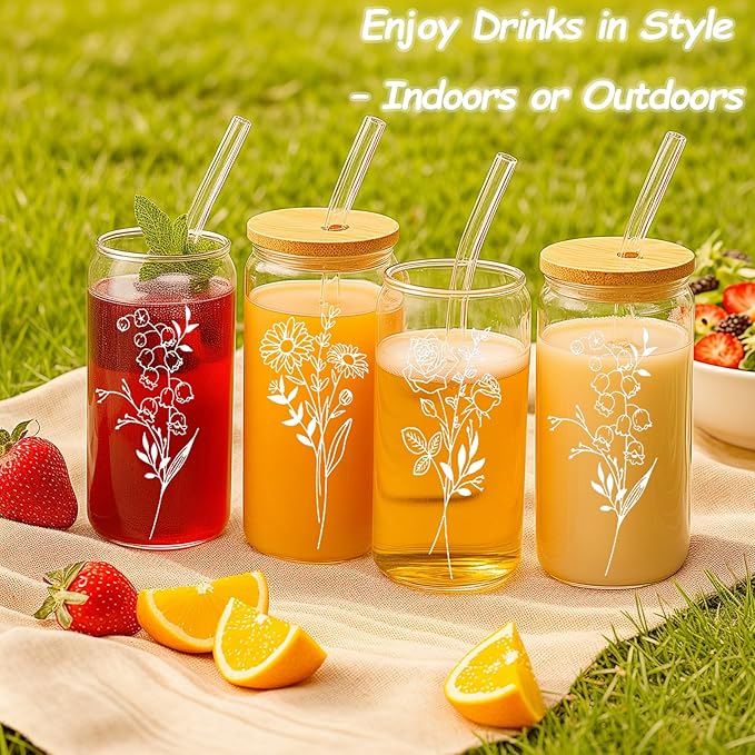 6 Pcs 16 Oz Gift for Women Cute Glass Cup, Can Shaped Drinking Glasses with Bamboo Lids and Glass Straws with Design, Aesthetic Flower Iced Coffee Mugs Tumbler Bulk for Party Bridesmaid Proposal Gifts