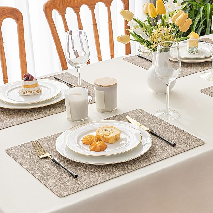 Romanstile Vinyl Placemats Set of 6-12 X 18 Inch - Heat Resistant Place Mats 100% Waterproof Oilproof Wipeable Reversible Faux Leather Table Mats for Kitchen/Dining/Party/Outdoor, Khaki