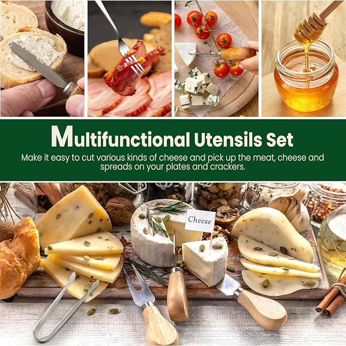 42 pcs Charcuterie Boards Accessories, Cheese Knife Set with Wooden Handle, Cheese Spreaders, Forks, Spoons, Tongs, Honey Dippers and Toothpick Flags