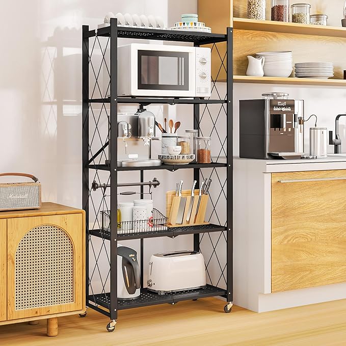 5-Tier Folding Metal Storage Rack - 63" Heavy-Duty Steel Frame with Wheels, No Assembly Utility Organizer, Rolling Shelving Unit for Kitchen, Garage, Pantry, Bedroom (Black, 5 Tier)