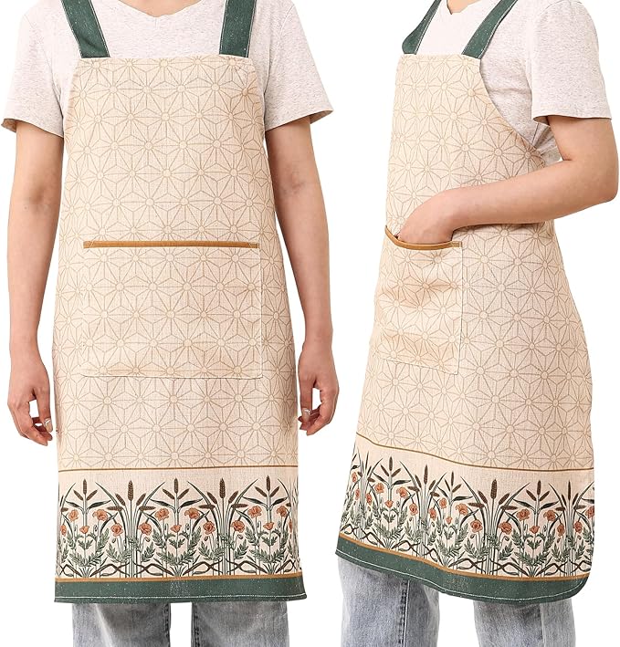 patdrea Blue Floral Linen Apron with Pocket,French Kitchen Garden Chef BBQ Aprons for Women and Men,Crisscross Back Straps