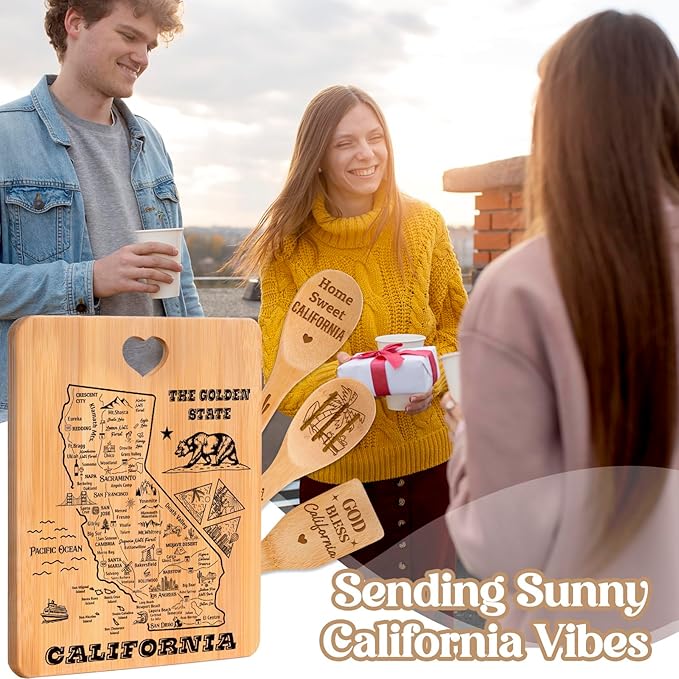 California State Cutting Board and Spoons Set, California Kitchen Decor with State Map Design, Charcuterie and Serving Board, Home Sweet California Theme Gifts for California Lovers.