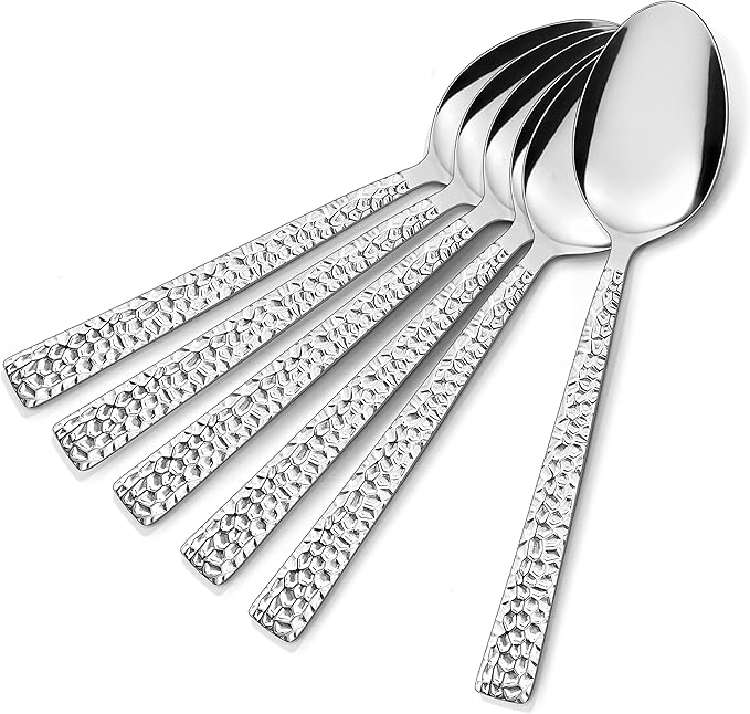 E-far Teaspoon Set of 6, 6.7 Inch Hammered Stainless Steel Spoons for Kitchen or Restaurant, Non-toxic & Mirror Polished, Squared Edge & Dishwasher Safe