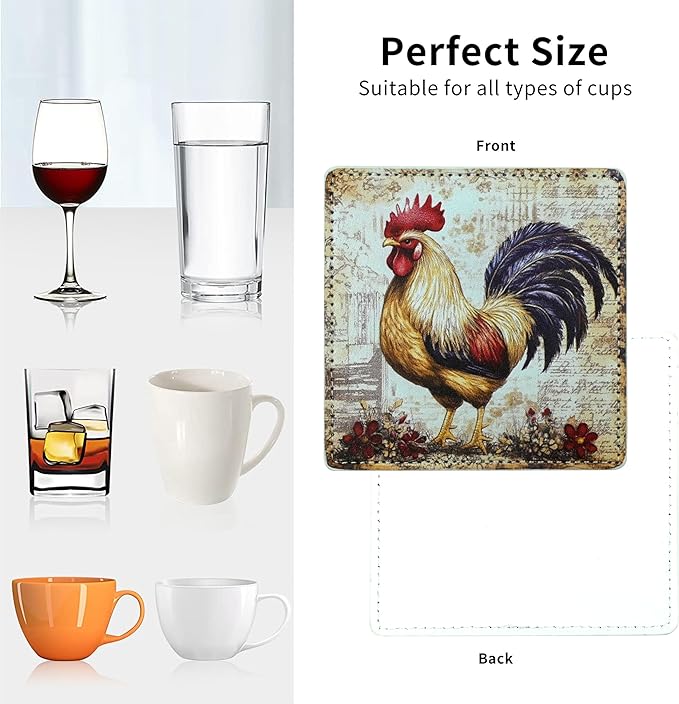 Rooster Coasters Square Leather Drinks Coaster Set with Holder for Coffee Table Bar Home Decor 4 Inches Set of 6