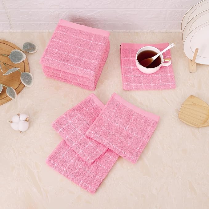 Mordimy 100% Cotton Terry Cloth Dish Cloths, Soft and Absorbent Checkered Dish Towels, Quick Drying Dish Rags for Washing Dishes, 12 Pack, 12 x 12 Inches, Pink
