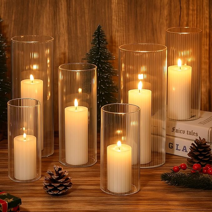 6 Pcs Ribbed Glass Candle Holder 6"/7.8"/10" Tall Cylinder Candle Holders Clear Round Flower Vases for Table Centerpiece Wedding Anniversary Home Decorations