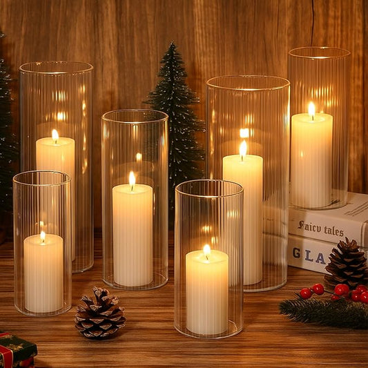 6 Pcs Ribbed Glass Candle Holder 6"/7.8"/10" Tall Cylinder Candle Holders Clear Round Flower Vases for Table Centerpiece Wedding Anniversary Home Decorations