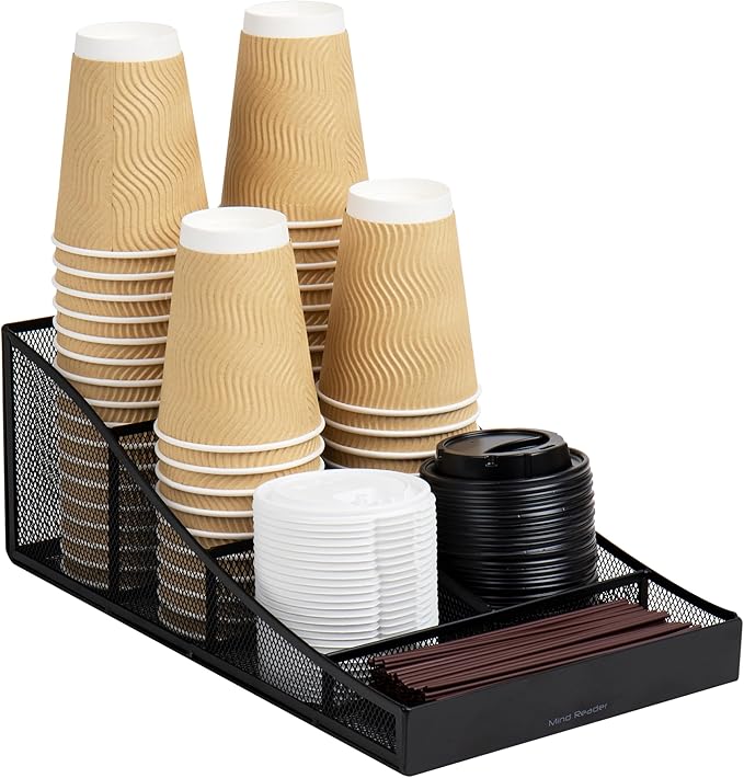 Mind Reader Countertop Organizer, Office Breakroom Supply Caddy for Cups Lids Stirrers and Condiments, Metal Mesh, Black