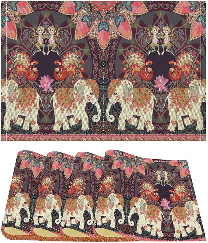 Boho Mandala Placemats Set of 4 Indian Ethnic Elephant Art Printed Dining Table Mats for Restaurant Home Kitchen Holiday Picnic Party Decor 12x18in