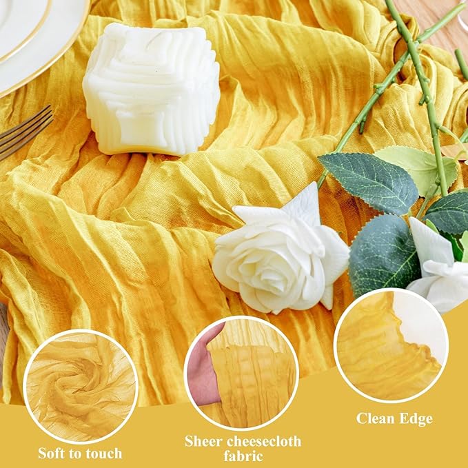 Wokceer Cheesecloth Table Runner 120 Inch Gold Boho Gauze Spring Easter Cheese Cloth Table Runner for Party Valentine's Day Long Rustic Sheer Table Runners for Baby Bridal Shower Wedding Table