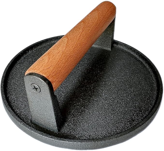 7" Cast Iron Burger Press Round Smash Bacon Press Meat Steak with Wood Handle for BBQ CookoutsSmashed Meat Steak Weight Grill Griddle Press