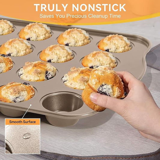 TAOUNOA Cupcake Pan Nonstick 2 Pack (Gold, Mini 24 cup)