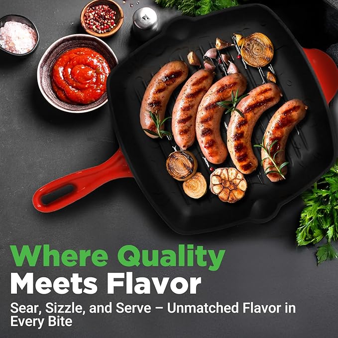 NutriChef Nonstick Cast Iron Grill Pan - 11-Inch Kitchen Square Skillet Grilling Pan, Enameled Steak w/Side Drip Spout For Electric Stovetop, Induction, Gas, Black (NCCIES47.5)