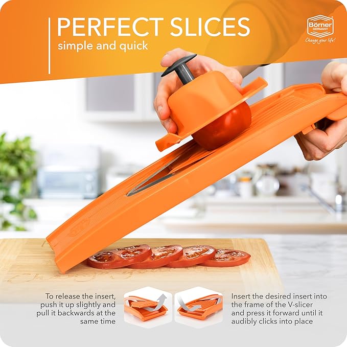 Mandoline Food Slicer Borner V1 (Basic Set) by Reston Lloyd • V-Slicer with Food Holder • Made in Germany • Fruit & Vegetable Chopper • Multiple Settings • Color: Orange