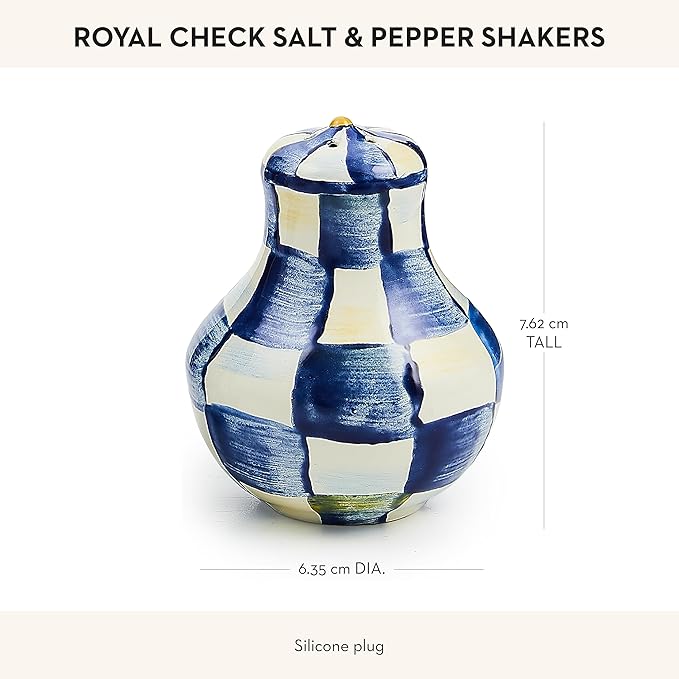 MACKENZIE-CHILDS Enamel Salt and Pepper Shakers, Kitchen Table Spice Shaker Set, Blue-and-White Royal Check, Small