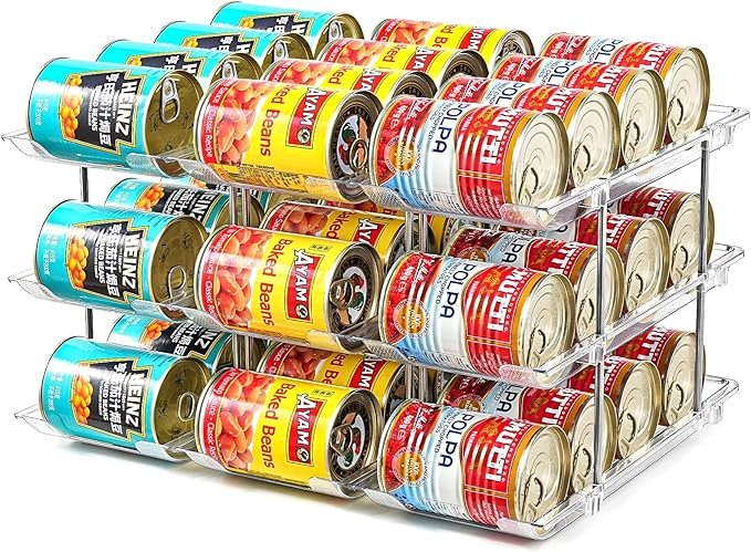 Can Organizer for Pantry, Stacking Can Storage Organizer Pantry, Automatic Rolling Can Rack for Fridge, 3Tire 3 Columns Can Holder for 36 Cans, Canned Goods Organizer