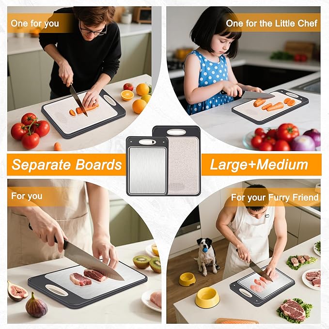 2Pack Stainless Steel Cutting Board,Double Sided Steel for kitchen Stainless Steel/Wheat Straw PP Cutting Board for meat, Large and Medium, Extra Pocekt Knife Sharpener