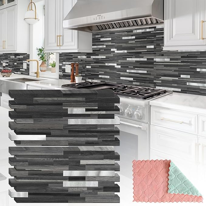 20 Sheets Peel and Stick Tile Backsplash, Black with Metal Gold Look Stick on Tile Upgrade Your Kitchen Backsplash, RV, Fireplace