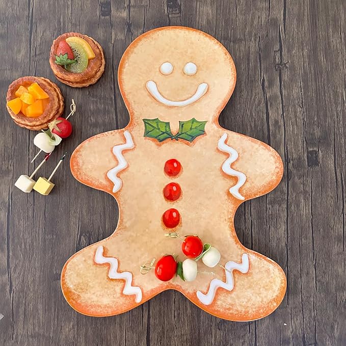 UP UPware Gingerbread Man Shaped Melamine Serving Platter, Christmas Holiday Party Tray, Festive Gingerbread Design, for Cookies, Snacks, and Appetizers, Brown,17 x 12.75 Inch
