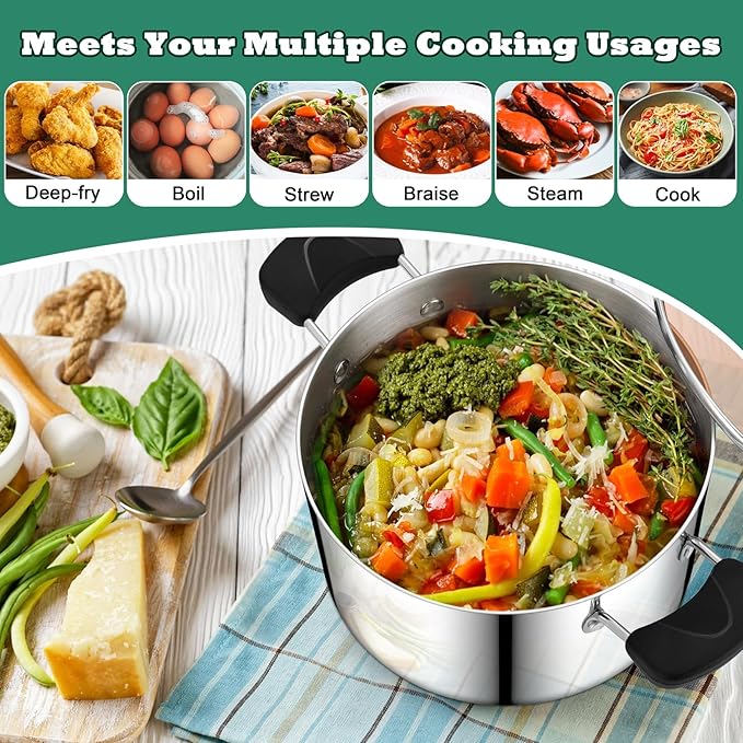 P&P CHEF 6 Qt Stockpot with Lid, Stainless Steel Cooking Stock Pot for Soup, Heat-Proof Double Handles with Visible Lid, Dishwasher Safe & Healthy, 3-Ply Metal