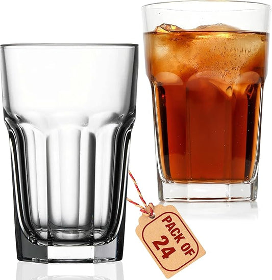 Drinking Glasses Set of 24, 12.5 oz Water Glasses – Durable Glassware for Juice, Milkshake, Coffee Glasses, Beer Glasses, Cocktail Tumblers, Heavy Base, Dishwasher Safe Kitchen & Party Use