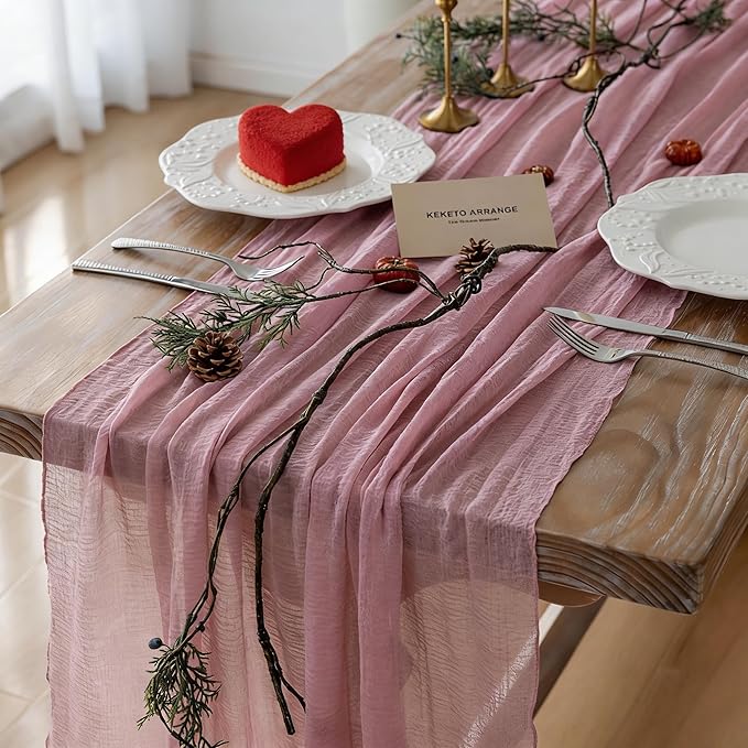 Keketoarrange 6pcs Cheesecloth Table Runner Dusty Rose Gauze 120 Inch 10 FT Rustic Boho Cheese Cloth Runner for Wedding Baby Shower Bridal Shower Party Long Sheer Centerpiece Fall Home Decoration