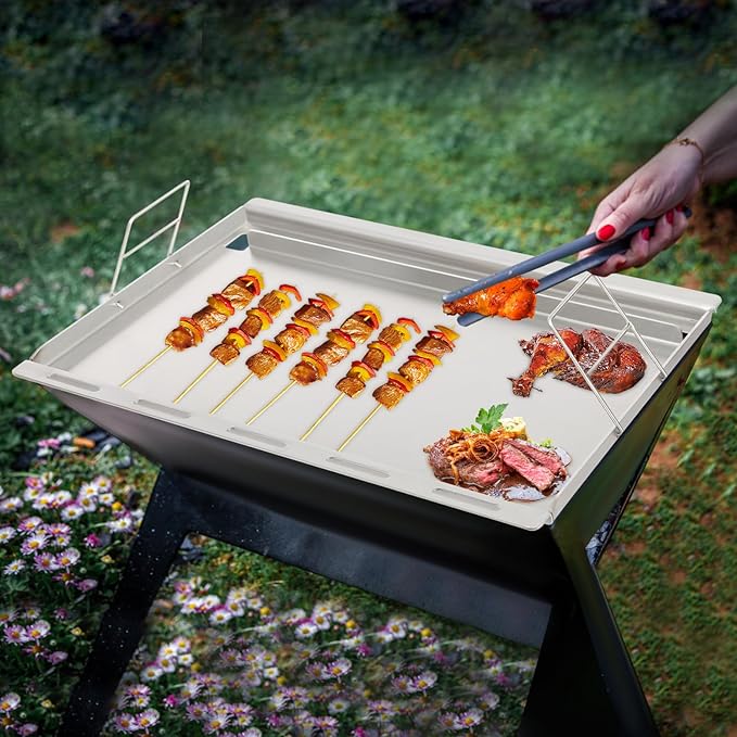 25" x 20" Stainless Steel Griddle Insert for Gas Grill, Flat Top Plate Insert with Grease Drain Hole and Removable Handles for Gas and Charcoal Grills, Camping and Parties