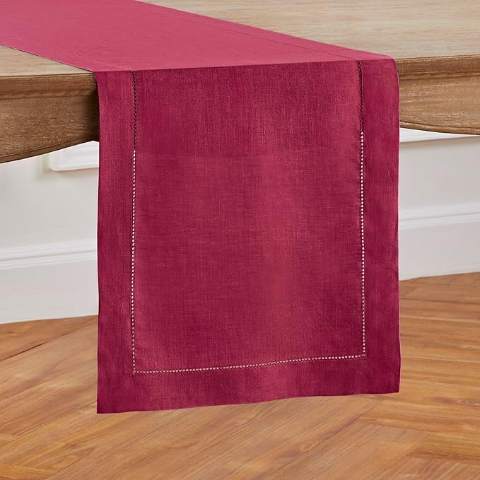 Solino Home Linen Beet Table Runner 120 Inches Long - 100% Pure Linen Hemstitch 14 x 120 Inch Table Runner for Dining, Easter, Winter, Valentines - Classic Hemstitch