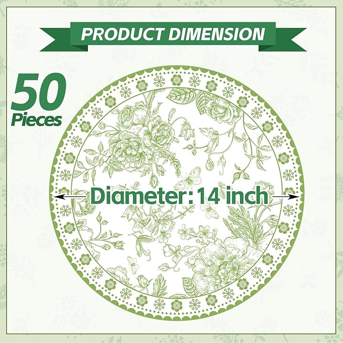 50 Pcs 14 Inch Green Floral Paper Place Mats Chinoiserie Round Placemats Flower Disposable Decorative Table Mats for Dinner Table Setting Banquet Party Supplies