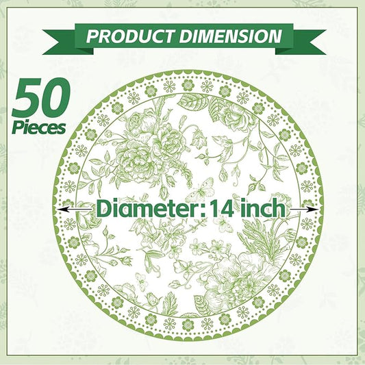 50 Pcs 14 Inch Green Floral Paper Place Mats Chinoiserie Round Placemats Flower Disposable Decorative Table Mats for Dinner Table Setting Banquet Party Supplies