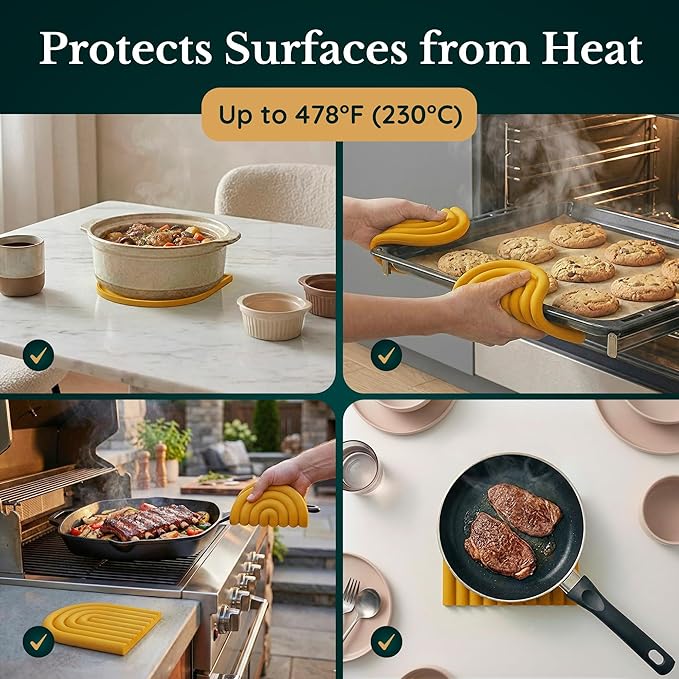 Silicone Trivets for Hot Dishes, Heat-Resistant, Non-Slip Pot Holders for Kitchen & Coasters Durable Hot Pads for Pots, Pans, Baking Dishes & Kitchen Appliances Set of 2 Honey Mustard