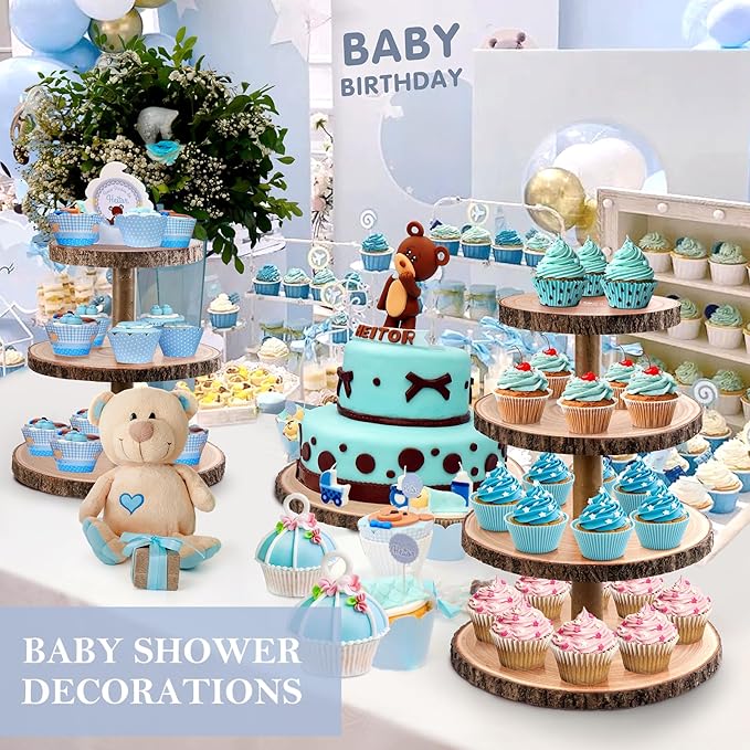 Cupcake Stand Wood Dessert Stands 4 Tier Cupcake Tower Large Cupcake Display Stand Rustic Cupcake Tier Stand for Woodland Baby Shower Decorations/Wedding/Birthday/Party/Farmhouse Decor
