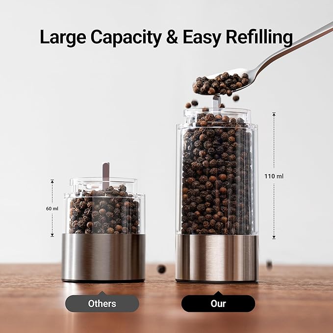ThermoMaven Electric Salt and Pepper Grinder Set, 110ml Larger Rechargeable Automatic Salt and Pepper Mill Grinder with 6 Adjustable Coarseness, Electric Salt and Pepper Shakers, LED, Matcha