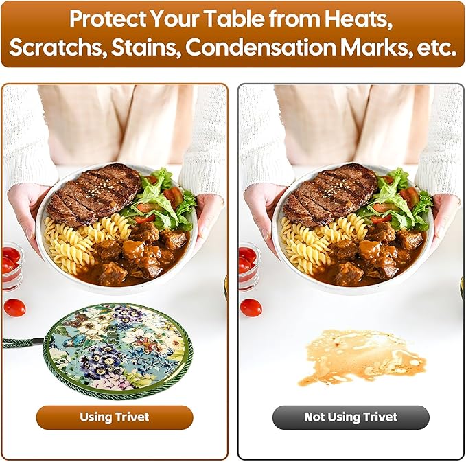 Ceramic Trivets for Hot Dishes,Anti-Slip with Heat Resistant Cork Trivet for Countertops and Tables,Protects Surfaces from Hot Pots,Pans,Cups,Decorative Coasters for Table,Dual-use,Portable Hanging