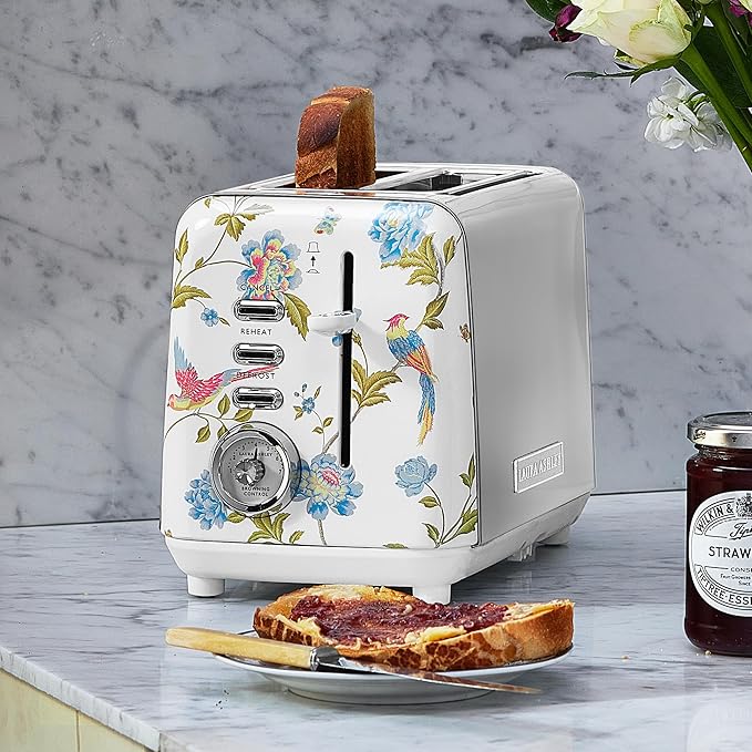 VQ Laura Ashley Elveden White Stainless Steel 2 Slice Toaster | Multi-Functional Bagels & Bread Toaster 2 Slice with Adjustable Heating & Defrost Mode | Featuring 2 Wide Slots, Croissant Warming Rack