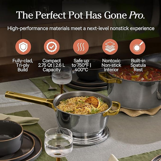 Our Place Mini Titanium Perfect Pot Pro | 2.75 Qt Cooking Pot with Lid & Silicone Spoon | PFAS-Free Nonstick, Fully-Clad Tri-Ply Stainless Steel & Aluminum | Induction & Oven-Safe up to 750°F | Gold