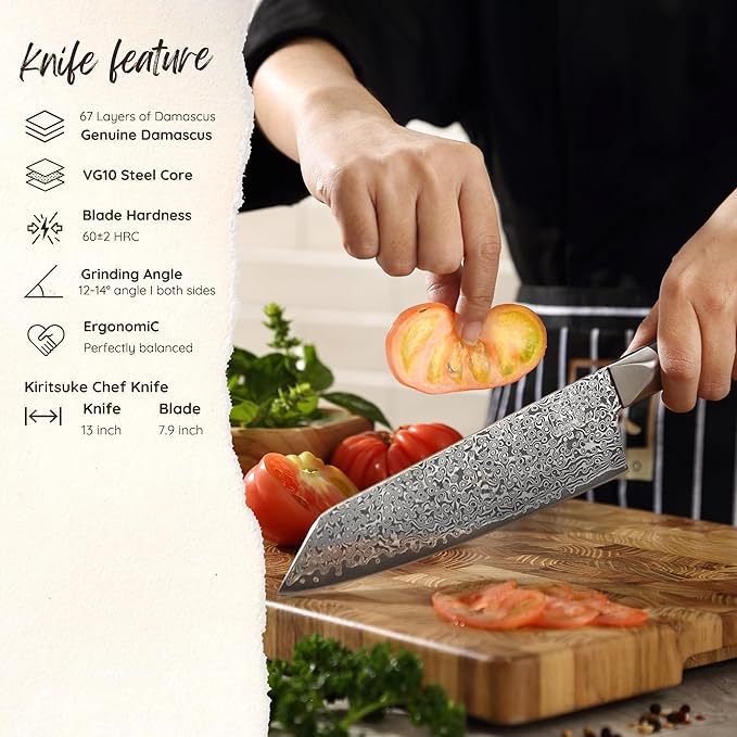 zayiko Black Edition Damascus Knife Kiritsuke I 20 cm blade made of 67 layers of VG10 Damascus steel I Ergonomic Pakkawood handle I Premium Japanese chef's knife for meat, fish & vegetables I Gift box