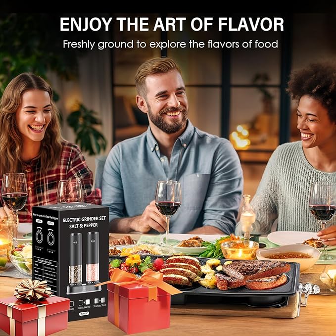 Electric Salt and Pepper Grinder Set, Automatic Salt and Pepper shakers with Upgraded 6-Level External Adjustable Coarseness, Battery Operated, Larger Capacity with Led for Home Kitchen (Black/Black)