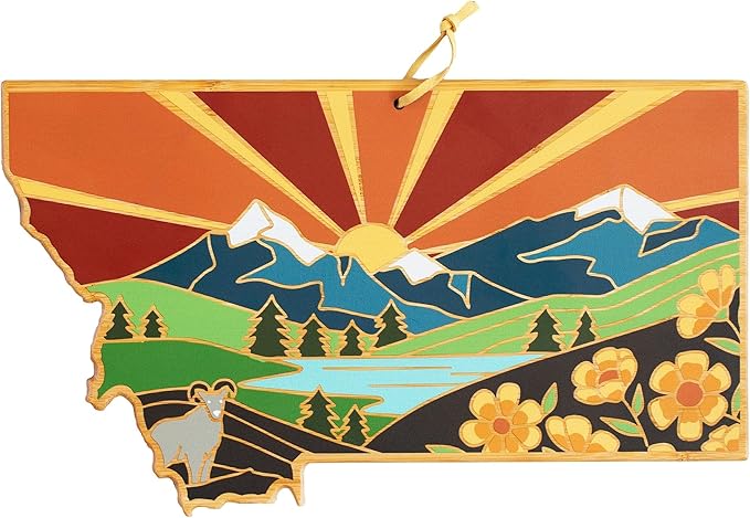 Totally Bamboo Montana State Shaped Cutting Board and Charcuterie Serving Platter with Artwork by Summer Stokes, Includes Hang Tie for Wall Display Varies