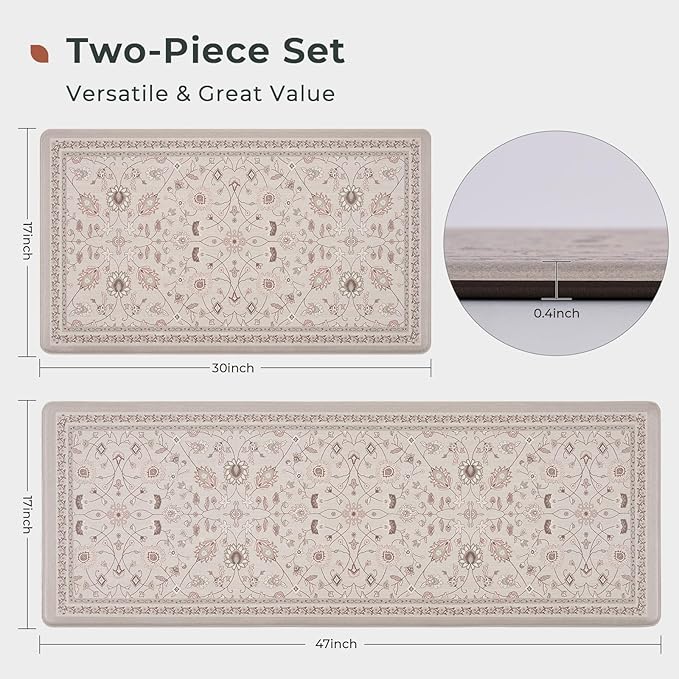 FRESHMINT Kitchen Mats for Floor 2 Piece Set, Waterproof & Non-Skid Vintage Floarl Kitchen Rugs, Cushioned Kitchen Floor Mat for Standing Washable Comfort Desk Kitchen Runners, 17x30''+17x47''