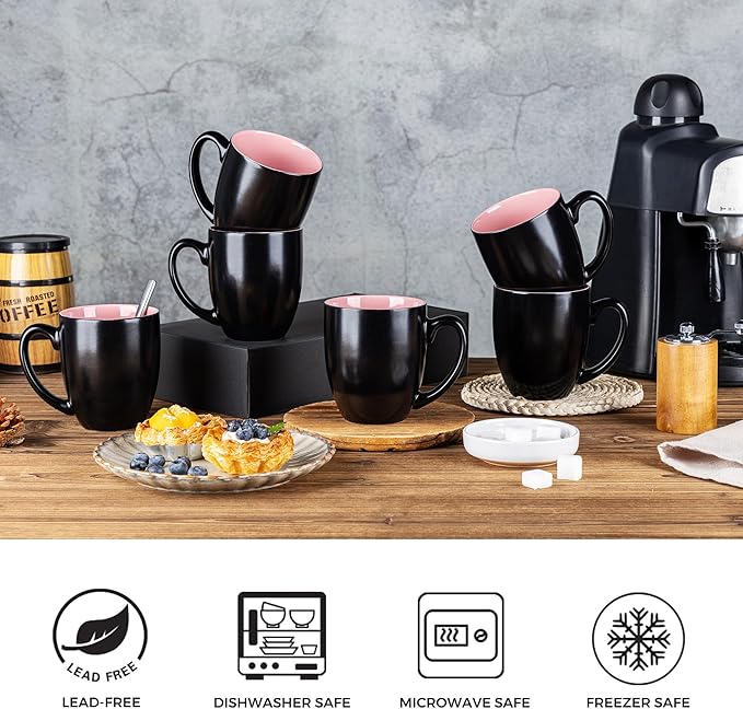 GBhome 12oz Coffee Mugs Set of 6, Large Ceramic Coffee Mugs for Man, Woman, Dad, Mom, Modern Coffee Mugs Set with handle for Tea/Latte/Cappuccino/Milk/Cocoa. Dishwasher&Microwave Safe,Pink