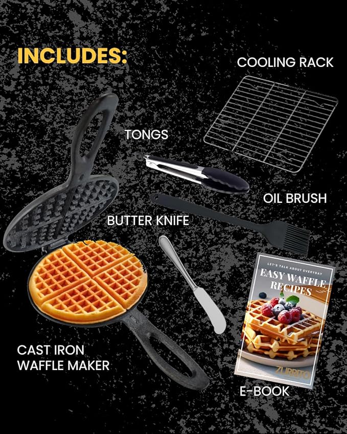 Cast Iron Waffle Maker Stove Top Bundle (5-Pieces) for Camping Grill or Stove Top