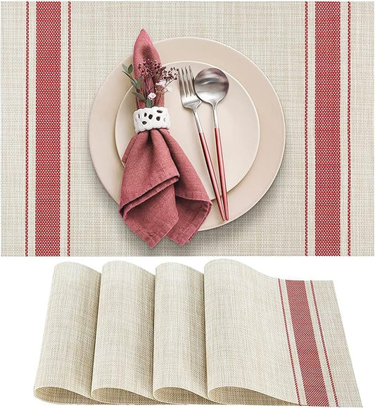DACHUI Placemats Set of 4, Soft & Elegant Woven Vinyl Place Mats, Water Resistant, Heat Resistant, Washable, Durable Table Mats (Red Stripes)
