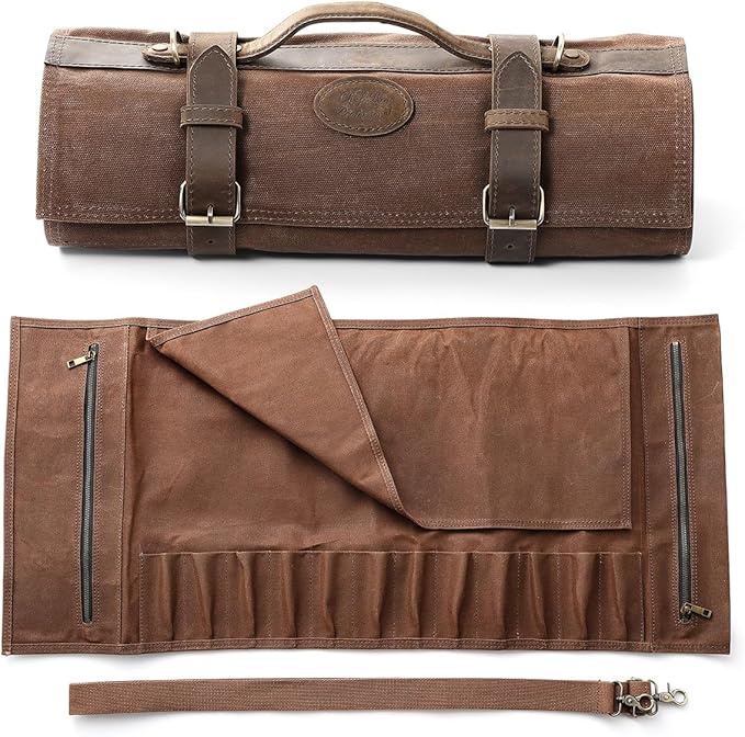 XINZUO Chef Knife Roll Bag-Professional Chef Knife Case-16oz Waxed Canvas and Crazy Horse Leather -With 12 Slots Plus 2 Zipper Pockets to Hold Kitchen Cooking Tools-Travel Tool Roll Pouch(Bag Only)
