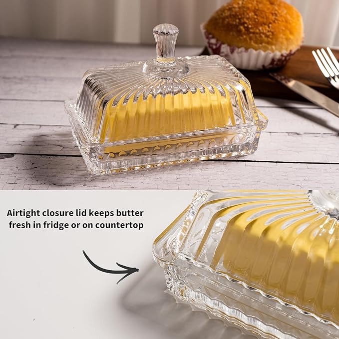Clear Glass Butter Dish with Lid, Covered Crystal Butter Stick Holder Tray, Glass Butter Storage Container for Fridge Countertop