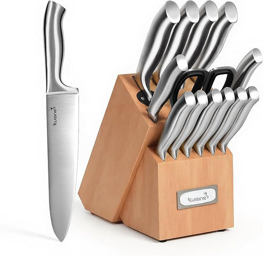 KUISINE Upgraded Sharp Chef Knife Set with block, One piece Molding High Carbon Stainless Steel Forged,Ergonomic Non-slip Handle Knife Block Set with built-in Sharpener(Silver Natural,15PCS)