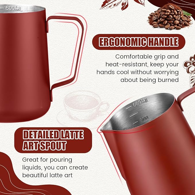 Maxdot 3 Pack Milk Frothing Pitcher 12 Oz, 20 and 30 oz Milk Frother Cup Stainless Steel Espresso Steaming Pitcher with Scale Frother Jug with Art Pen for Cappuccino Coffee Latte Art (Claret)