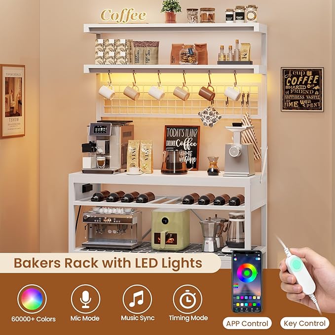 Itaar Bakers Rack with Storage and Power Outlet, 35.4 inch Microwave Stand with Fabric Drawers, Kitchen Coffee Bar Cabinet with Hutch, LED Lights, Wine Rack and Hooks, White